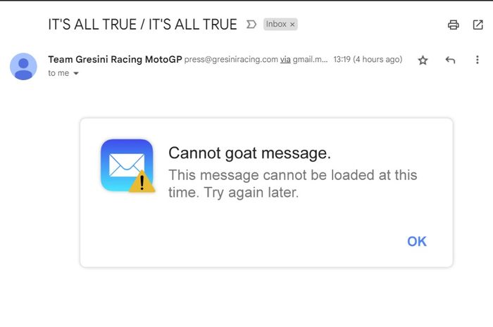 Email berisi Cannot goat message yang dikirimkan oleh Gresini Racing.
