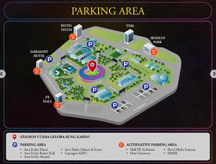Ada 6 area parkir utama dan 4 parkir alternatif yang bisa dimanfaatkan untuk nonton konser Coldplay