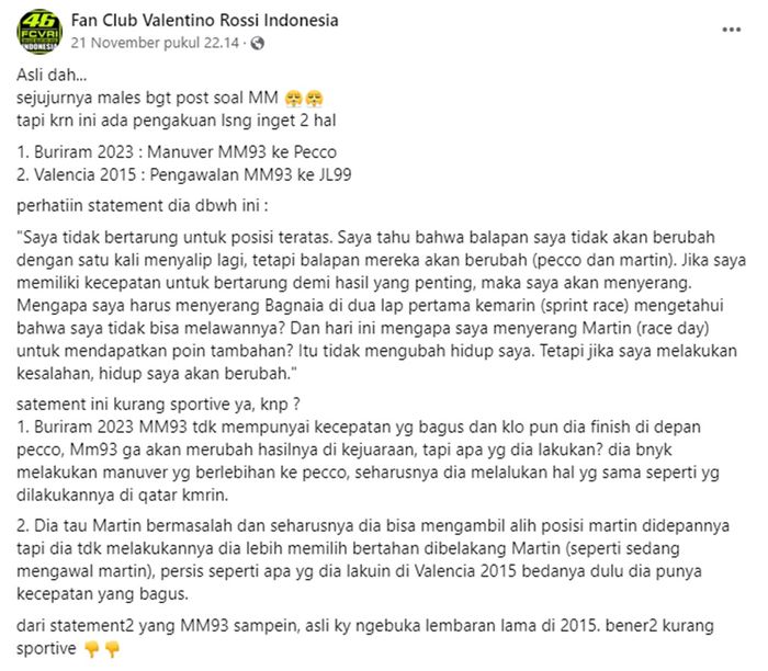 Postingan soal Marc Marquez di halaman facebook Fan Club Valentino Rossi Indonesia