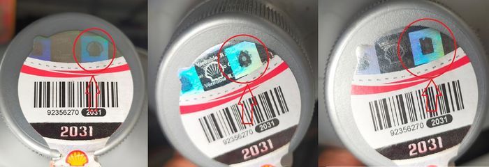 Oli Shell asli gambar berubah dilihat dari beberapa sisi. Kiri gambar keong atau lambang Shell, tengah roda gigi dan kanan gambar botol