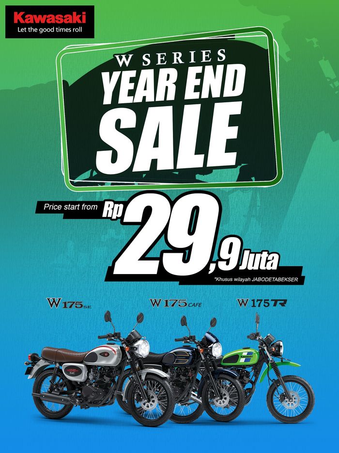 Flyer promo W Series Year End Sale untuk seluruh model Kawasaki W175 SE, W175 Cafe, dan W175 TR.