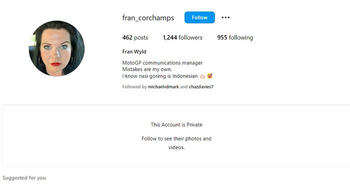 Akun Instagram Fran Wyld sampai harus diprivate, bahkan ada tulisan 'aku tahu nasi goreng dari Indonesia'