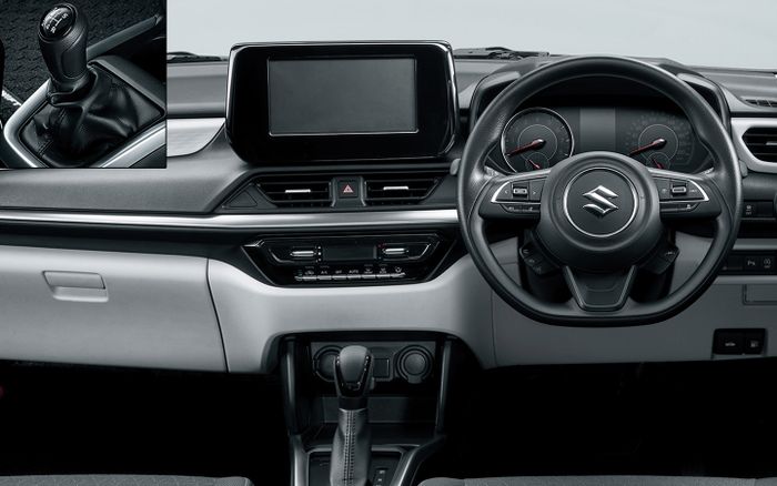 Interior Suzuki Swift Hybrid MX CVT dan ilustrasi transmisi manual milik Swift.