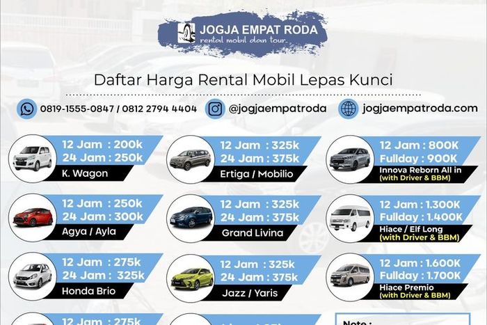 Tarif rental mobil di Jogja Empat Roda
