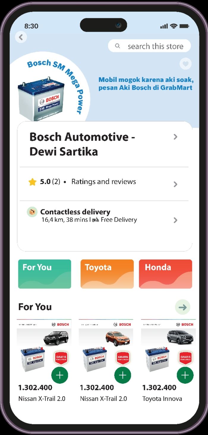 Tampilan layanan pemesanan aki mobil di aplikasi Grab melalui menu GrabMart