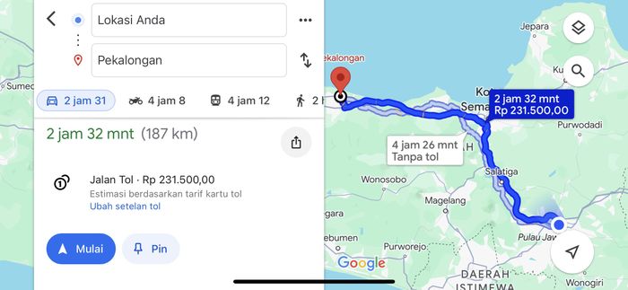 Car cek tarif tol lewat Google Maps