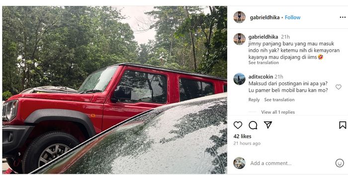 Postingan akun bernama @gabrieldhika yang menemukan sebuah  Suzuki Jimny 5 pintu di kawasan Kemayoran