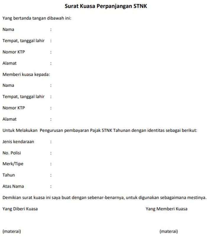 Contoh format surat kuasa perpanjang untuk perpanjang STNK.