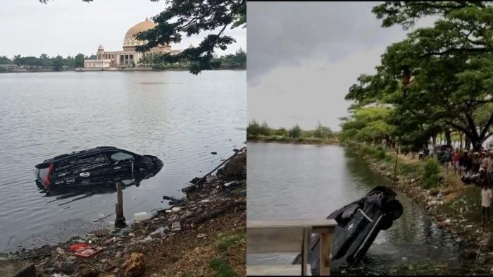 Toyota Avanza sebelum dan saat dievakuasi crane dari dalam laut di Bypass Raha, Katobu, Muna, Sulawesi Tenggara