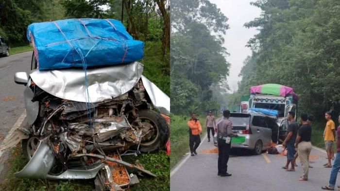 Foto (kiri) kondisi Toyota Avanza usai tabrak truk di Horodopi, Mowewe, Kolaka Timur, Sulawesi Tenggara. Foto kanan saat Avanza masih menancap di kolong truk Isuzu NMR71