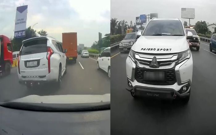 tangkap layar aksi saling pepet antara dashcamer vs Mitsubishi Pajero Sport di Tol Jakarta-Tangerang