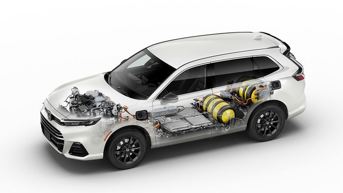 Skema komponen hidrogen Honda CR-V e:FCEV menunjukkan dua tangki hidrogen.