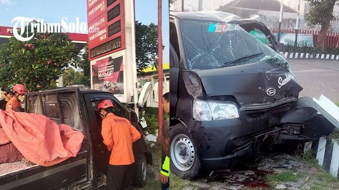 Daihatsu Gran Max pikap asal Nganjuk, Jawa Timur tabrak pohon dan pagar SPBU di Malangjiwan, Colomadu, Karanganyar