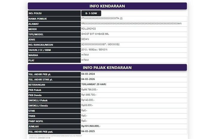 Rincian tunggakan pajak kendaraan Rolls Royce Ghost Extended Wheelbase 2013 milik Sandra Dewi kado dari suaminya Harvey Moeis