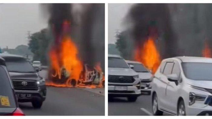 Kecelakaan Tol Japek KM 58, Daihatsu Gran Max hangus terbakar usai hantam bus PO Primajasa.