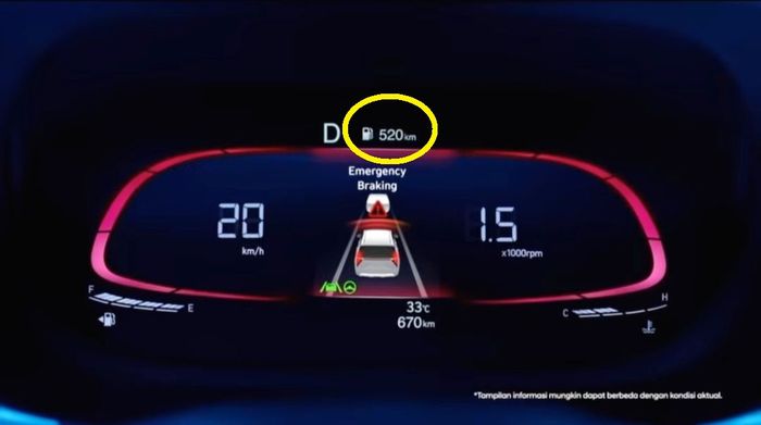 Dalam lingkaran kuning, perkiraan jarak tempuh yang bisa ditempuh dengan sisa bensin yang tertera di layar MID Hyundai Stargazer