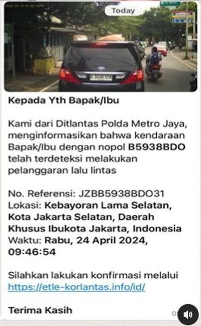 Contoh surat konfirmasi tilang elektronik yang kini lewat WhatsApp
