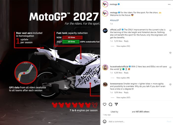 Komentar pedas Casey Stoner terhadap regulasi MotoGP 2027 di Instagram.