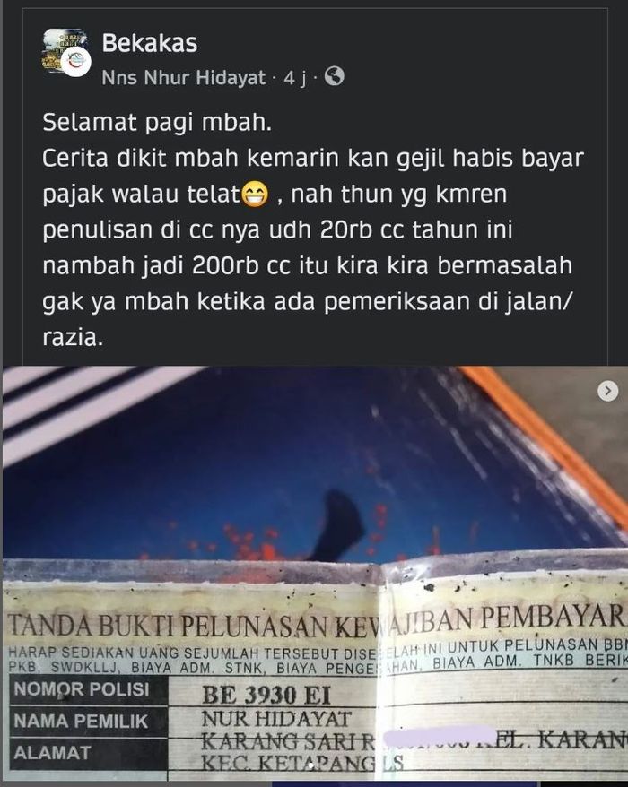 Unggahan pemilik Honda Tiger Revo yang data di STNKnya terjadi salah ketik, kapasitas mesin tertulis 200.000 cc
