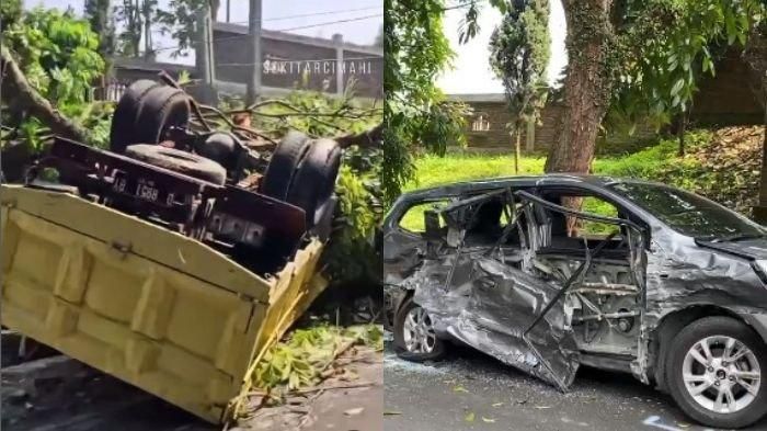 Kondisi truk dan Nissan Grand Livina yang terlibat laka beruntun di Jl Kolonel Masturi, Kampung Warung Muncang, Cipageran, Cimahi Utara, kota Cimahi, Jawa Barat