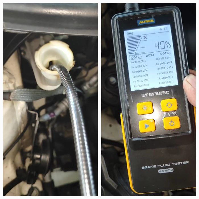 Hasil pengukuran kandungan air pada minyak rem terbaca sudah 4%, batas maksimal 3% 