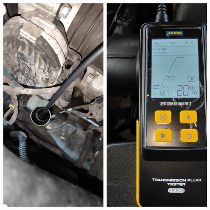 Hasil pengukuran kualitas oli transmisi terbaca tinggal 20 persen, dan saat ditap warna olinya sudah menghitam