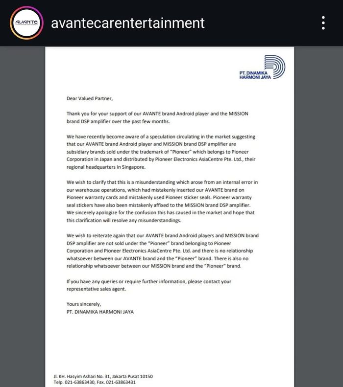 Surat pernyataan dari pihak Avante yang diposting di Instagram