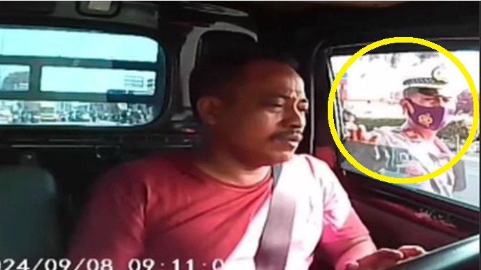 Dalam lingkaran kuning, oknum Polisi minta uang damai ke sopir pikap yang melanggar rambu larangan putar balik