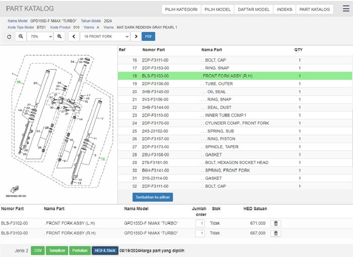 Kode part dan harga sok depan set Yamaha NMAX Turbo  dan Neo