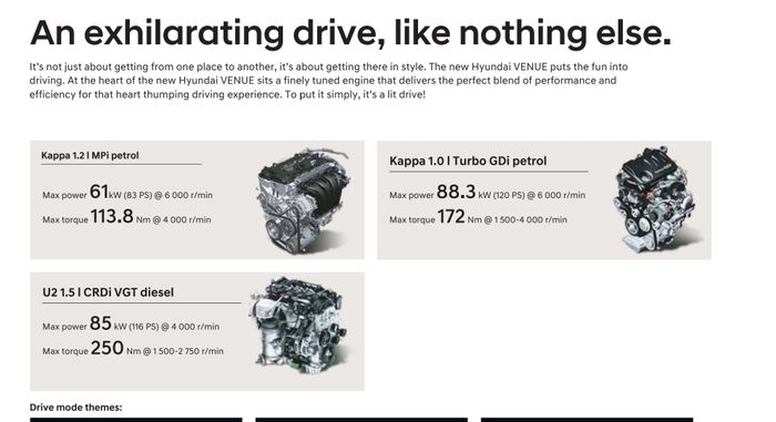Pilihan mesin Hyundai Venue, diesel gak masuk Indonesia.