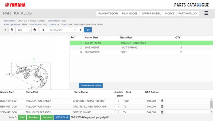 Daftar harga lampu rem set di aplikasi Yamaha Parts Catalogue