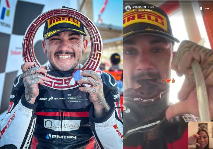 Aron Canet menggigit potongan trofi MotoGP Mandalika 2024