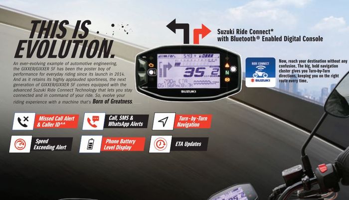panel instrumennya memiliki fitur Suzuki Ride Connect untuk mengakses turn-by-turn navigation