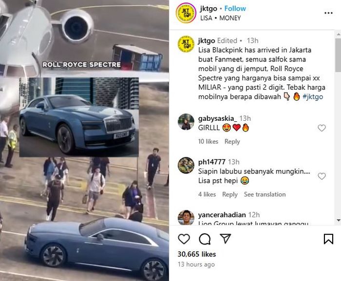 tangkap layar Lisa Blackpink saat baru mendarat di Jakarta dan hendak menaiki Rolls-Royce Spectre