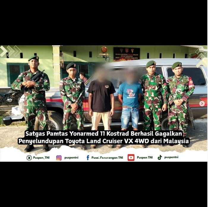 Anggota Satgas Pamtas RI-Malaysia, Batalyon Artileri Medan (Yonarmed) 11/Guntur Geni Kostrad amankan dua orang kurir penyelundupan Toyota Land Cruiser HJ60