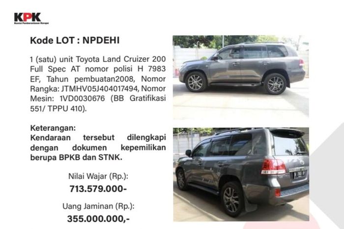 Toyota Land Cruiser 200 tahun 2008 milik Rafael Alun yang dilelang KPK
