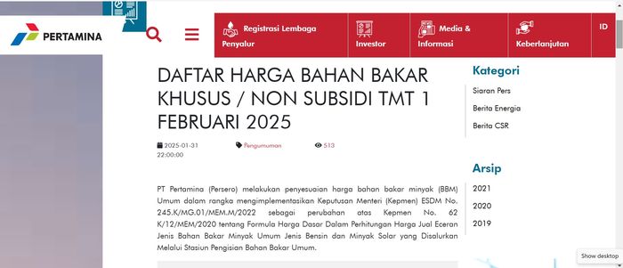 Pengumuman berjudul &quot;Daftar Harga Bahan Bakar khusus/Non Subsidi TMT 1 Februari 2025&quot; di website pertamina.com yang terbit pada Jumat, 31 Januari 2025 jam 22.00 wib.