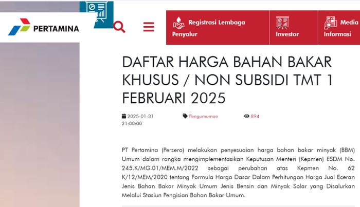 Pengumuman harga BBM di sejumlah provinsi per 1 Januari 2025 di website PT Pertamina (Persero) jam 21.00 wib