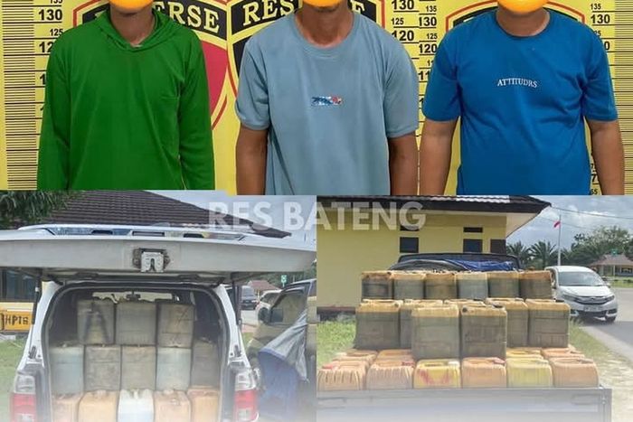 Tiga pelaku penyalahgunaan Pertalite dengan dua mobil pikap di Nibung, Bangka Tengah, Sabtu (22/2/2025).