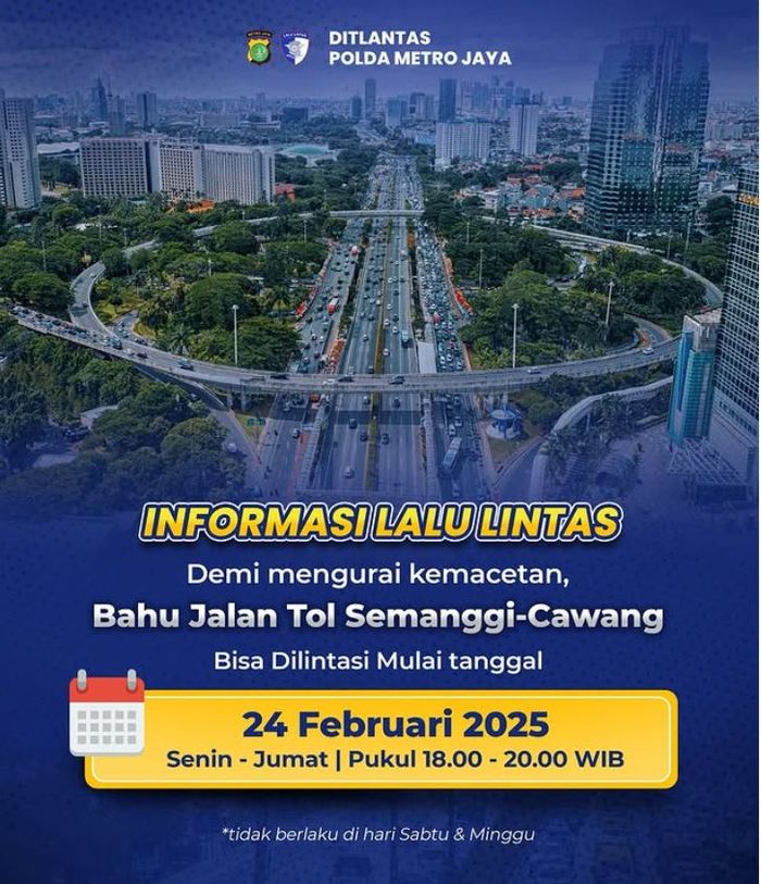 Informasi diskresi kepolisian yang kini memperbolehkan pengemudi menggunakan bahu jalan tol Dalam Kota mulai Senin-Jumat dari jam segini