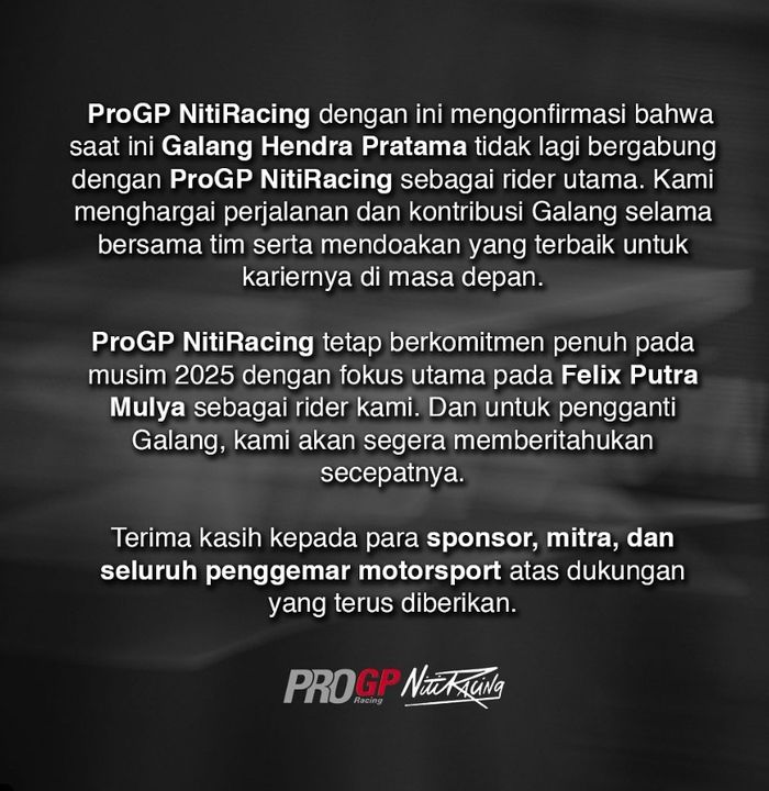 Statement ProGP NitiRacing soal pencoretan nama Galang Hendra