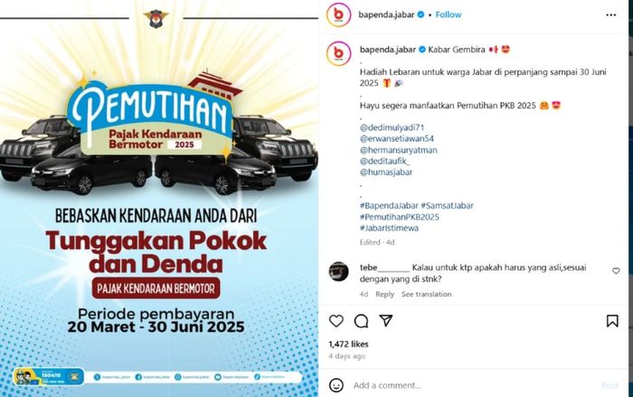 Pemprov Jawa Barat kasih program bebas pokok dan denda PKB