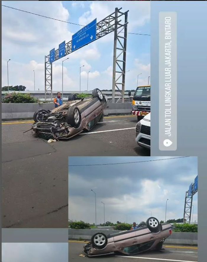 Mercy C180 kayang tatap langit akibat pecah ban belakang  kiri di KM 09.400 tol Jakarta-Serpong