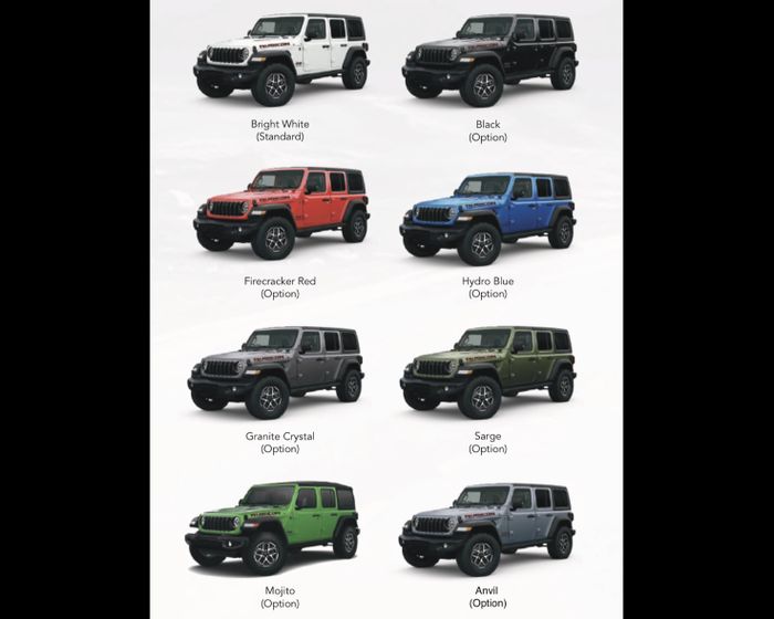 Satu warna standar dan tujuh pilihan opsi warna Jeep Wrangler Rubicon 4-Door yang dijual di Indonesia