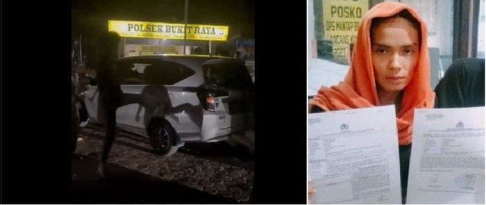 Aksi pengeroyokan 11 debt collector terhadap seorang wanita di depan Mapolsek Bukit Raya, Pekanbaru, Riau (kiri) dan korban inisial RP (kanan)