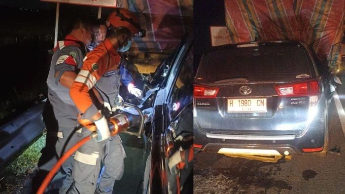 Evakuasi korban kecelakaan di dalam kabin Toyota Kijang Innova H 1980 CM anggota DPR RI Alamudin Dimyati Rois yang menabrak truk tronton di KM 316/A tol Pemalang-Batang