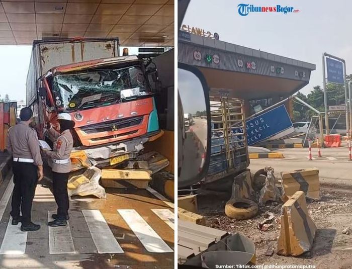 tangkap layar kejadian truk Fuso kesetanan sebakan Gerbang Tol Ciawi 2 Kota Bogor mengalami porak poranda, Senin (2/6/2025)