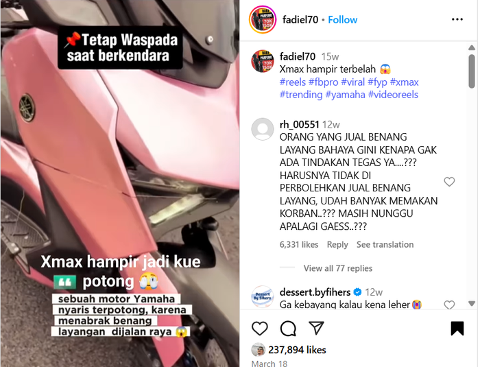Postingan tentang Yamaha XMAX yang terpotong benang layangan melintang