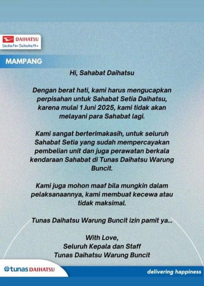 Ucapan perpisahan Tunas Daihatsu Warung Buncit