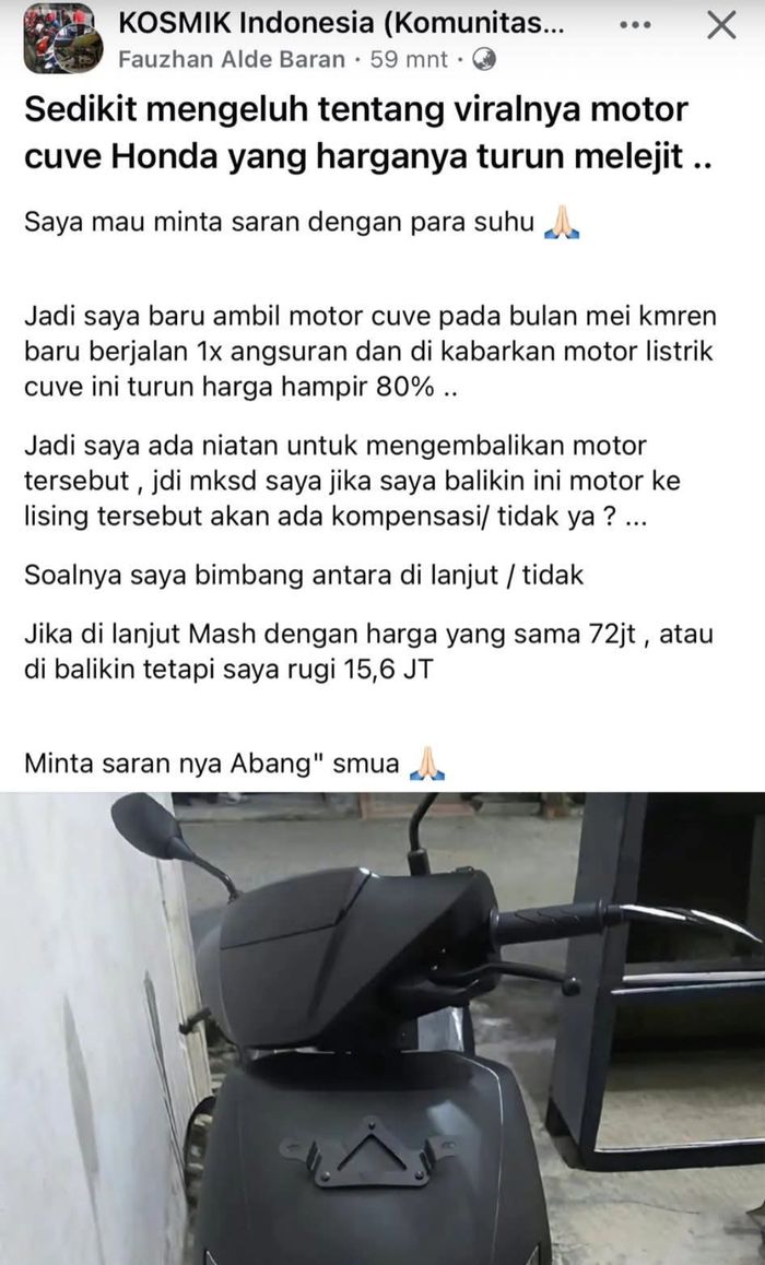 Tangkapan layar keluhan konsumen motor listrik Honda di grup Facebook KOSMIK Indonesia